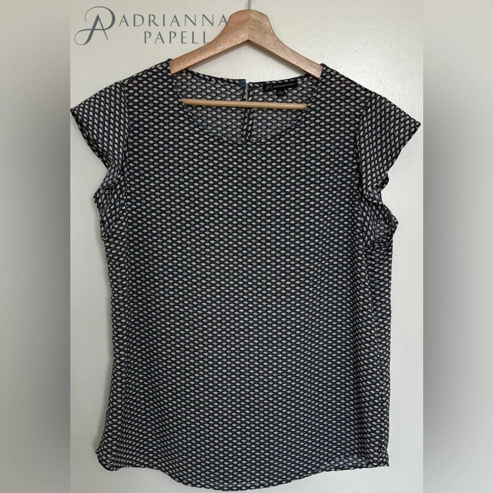 ADRIANNA PAPELL  Ruffled Sleeves Women’s Top/Blouse Grey and Tan Size: Large - Picture 16 of 16